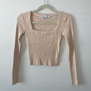 Zara Square Neck Ribbed Long Sleeve Tan Top
